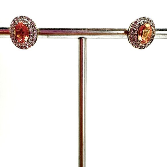 SUN Sterling Silver Citrine Double Halo CZ Oval Stud Earrings Post Backs 12mm L - Picture 1 of 10